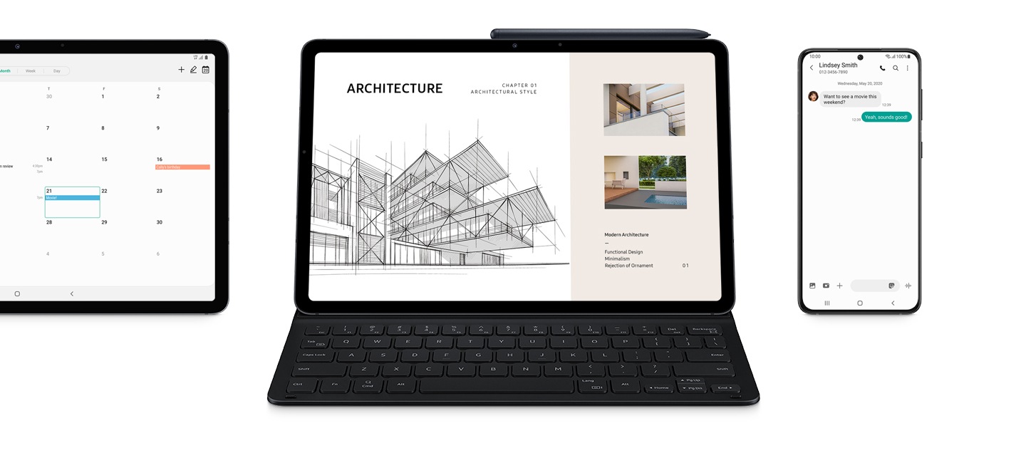 Galaxy Tab S7, Galaxy Tab S7 in Book Cover Keyboard Slim, and a Galaxy smartphone. On the Tab S7's screen is a calendar with an event titled Movie! The Tab S7 in the cover has an architectural presentation on the screen. The S Pen is magnetically connected to the tablet. The Galaxy smartphone displays a message from Lindsey Smith: Do you want to see a movie this weekend? And the answer: Yes, sounds good!