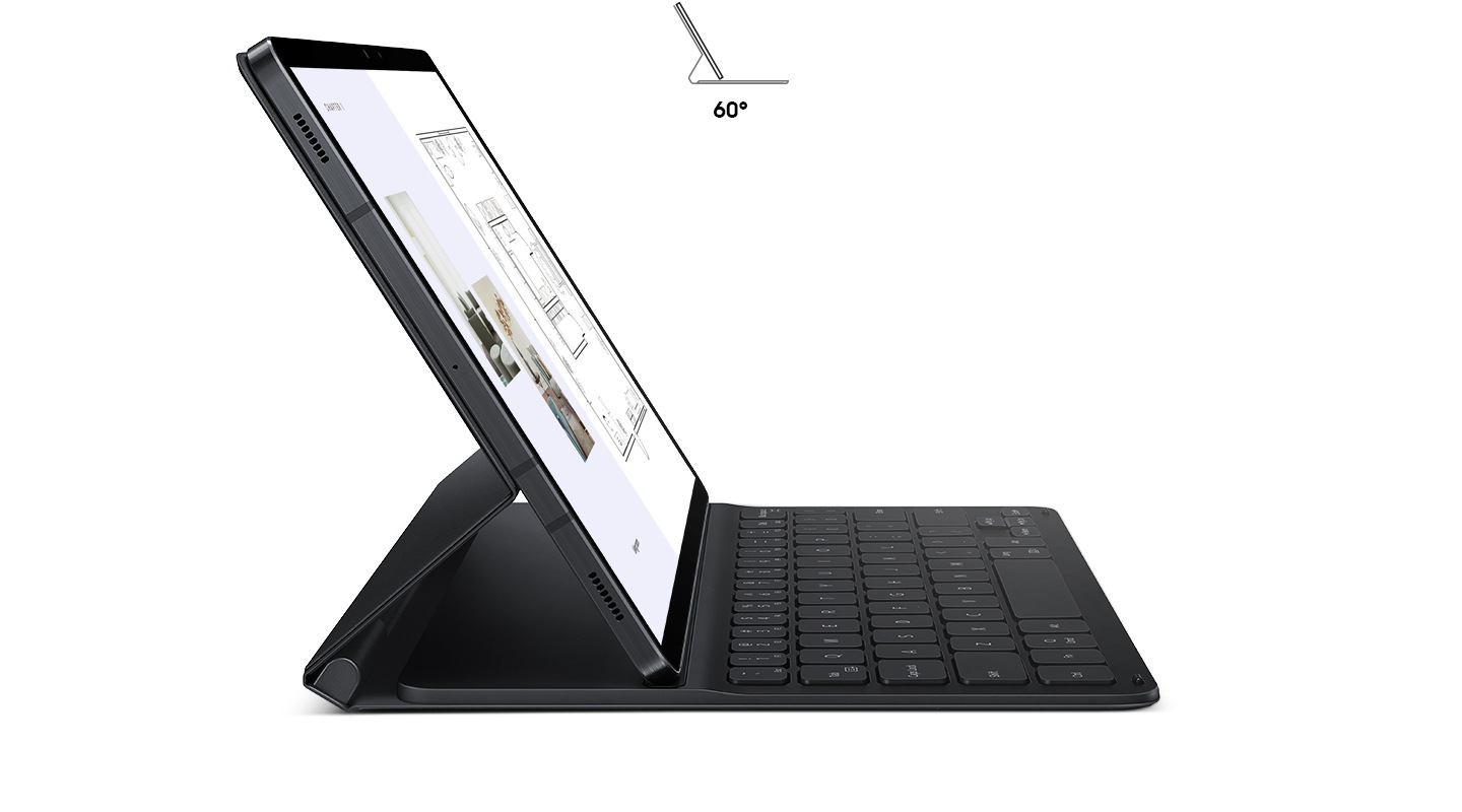 Galaxy Tab S7 in Book Cover Keyboard Slim, seen in profile from the side. The kickstand on the back is extended and holds the tablet upright at a comfortable angle. An icon of the tablet inside the cover also demonstrates the 60-degree angle.