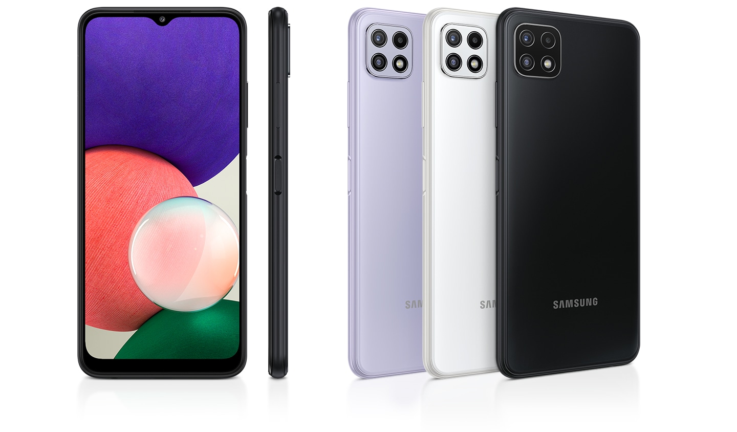Es gibt eine Hochglanz-Rückansicht von 4 Smartphones in den Farben Grey, White und Violet sowie eine Profil- und Frontansicht, die die hochwertige Hochglanzoberfläche hervorheben.