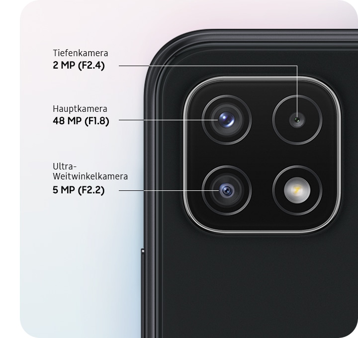 Eine Nahaufnahme der Triple-Kamera auf der Rückseite des grauen Modells, die die F1.8 48 MP Hauptkamera, die F2.2 5 MP Ultra-Weitwinkelkamera und die F2.4 2 MP Tiefenkamera zeigt.