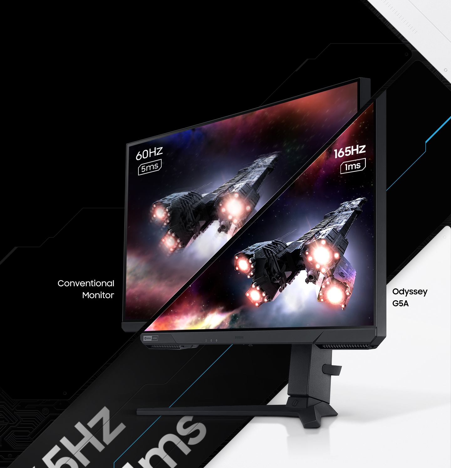 A monitor which is seen from its right side shows two spaceships blasting off into space. The monitor is split in two to show the difference in display quality comparing two different refresh rates and response time, one for conventional monitor with 60Hz and 5ms and the other for Odyssey G5 with 165Hz and 1ms.