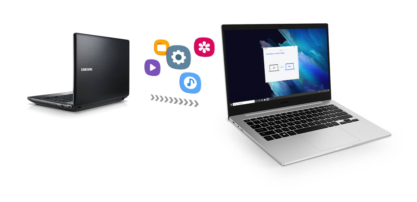 An old laptop facing backwards on left and the Galaxy Book Go is facing to the front. Five program and file icons moving from the old laptop to the Galaxy Book Go suggest an upgrade to the Galaxy Book Go can be done simply and quickly, using Smart Switch.