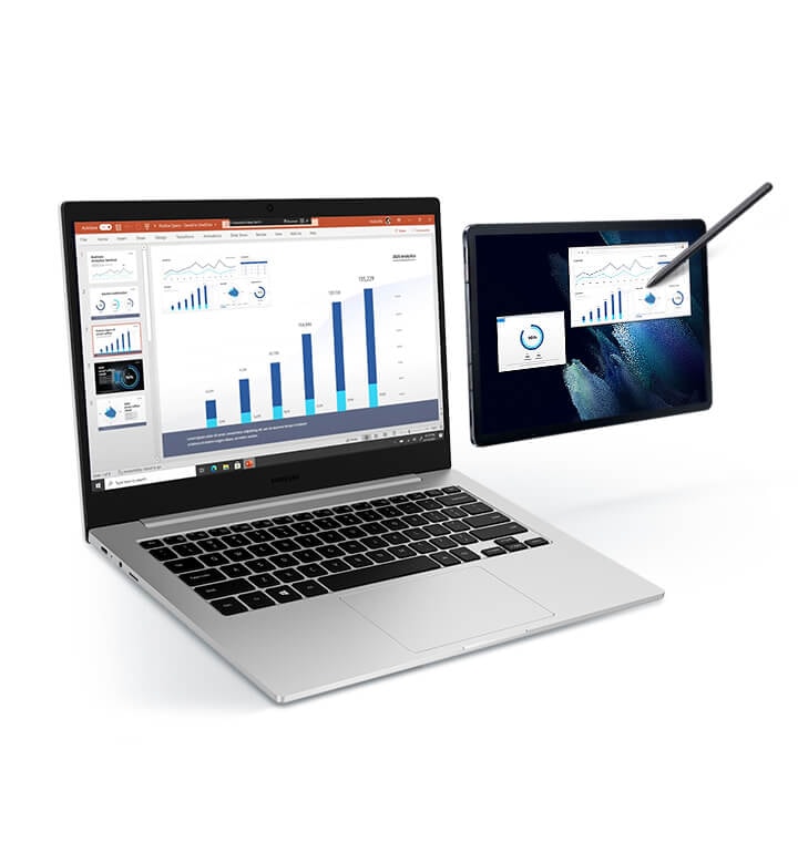 Graphs are shown on the screens of the Galaxy Book Go & Galaxy Tab S7 | S7+ both, with S Pen making notes on the Galaxy Tab S7 | S7+, demonstrating that if you work on the graph on the tab, it is reflected in the PowerPoint file on the laptop.