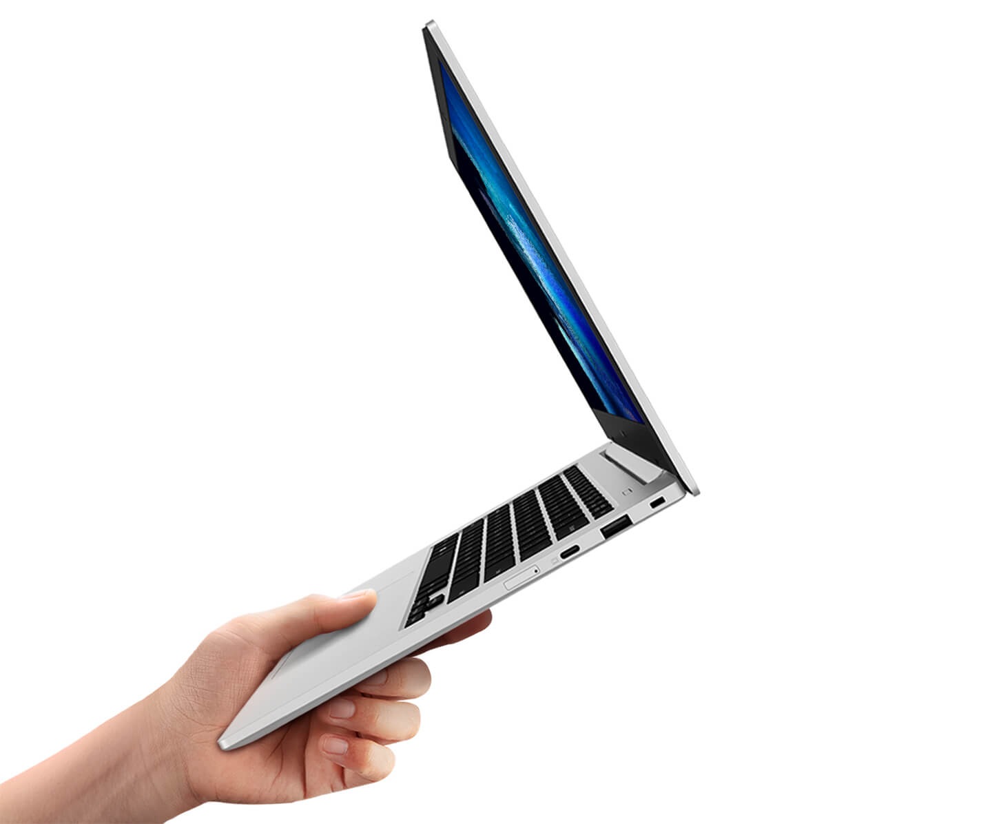 A hand holds Galaxy Book Go. The computer is seen from the side showing some of the ports and is unfolded with a graphic wallpaper on the display.