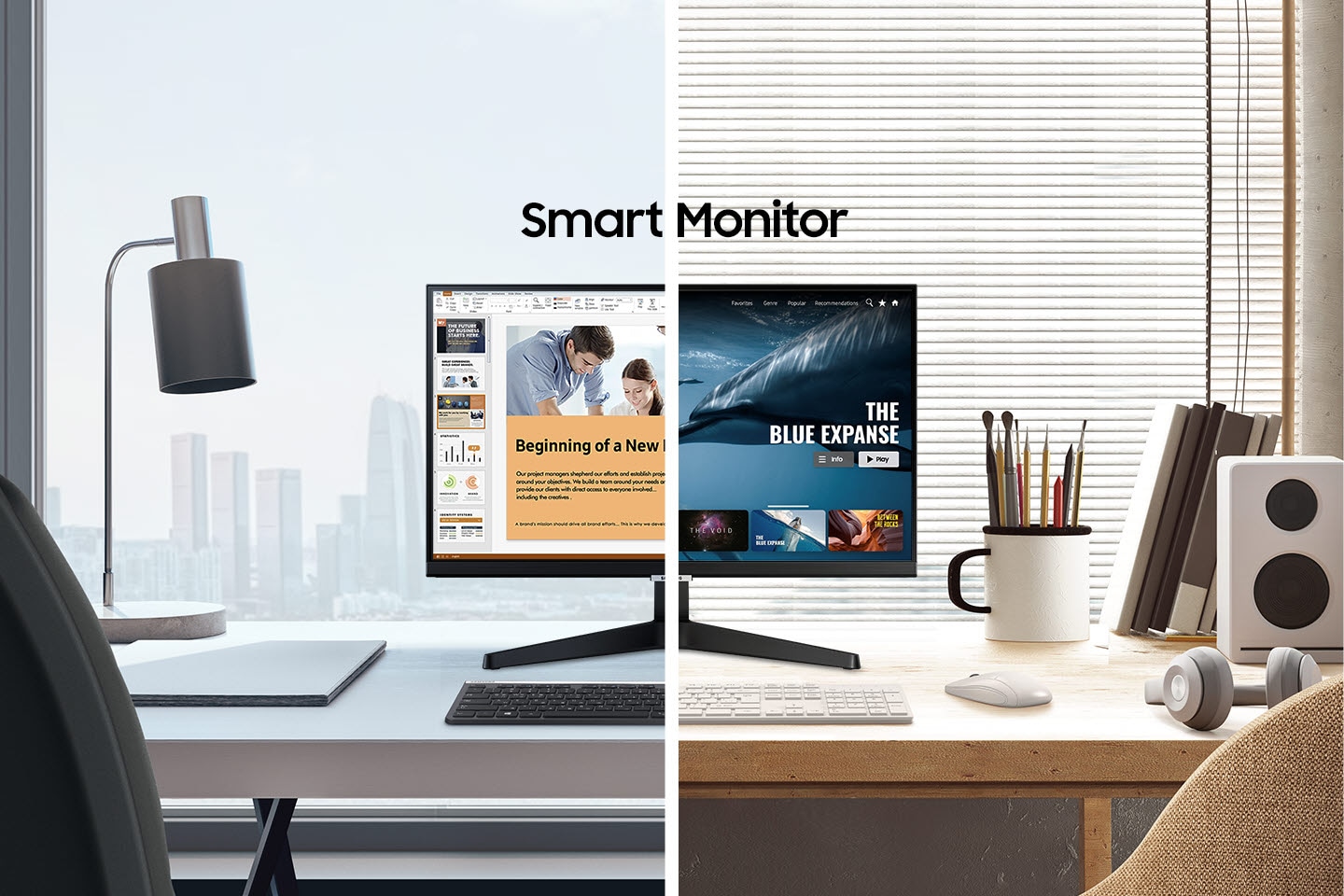 Below the title Smart Monitor a vertical line divides two different images of a monitor. The line slides right to reveal an office desk with ppt on the monitor and the words Work without PC, and slides left to reveal a home desk with a movie playing on the monitor and the words Play simple & easy.