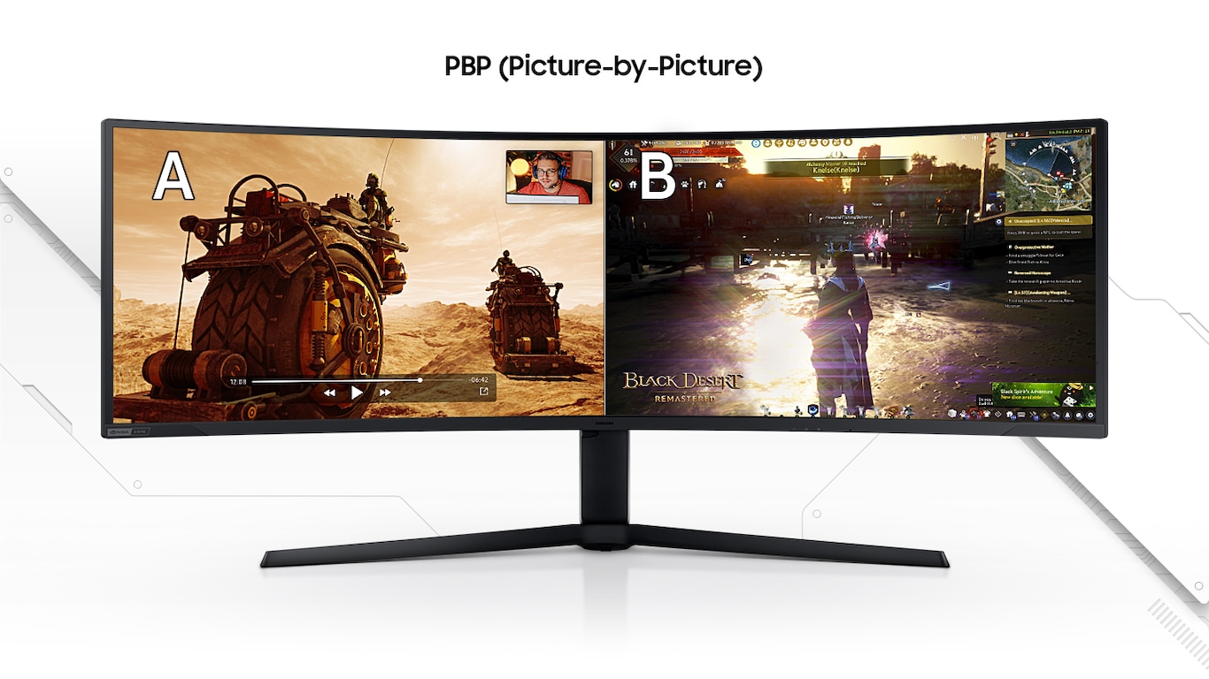 A monitor is shown with its screen split into two boxes with the words †PBP (Picture-by-Picture)' displayed above. The left side with †A' in the left upper corner shows a video of vehicles traveling across a desert. In the upper right, another streamer screen is shown within a separate box. The monitor's right side with †B' in the left upper corner shows a third-person video game scene of †Black Desert'.