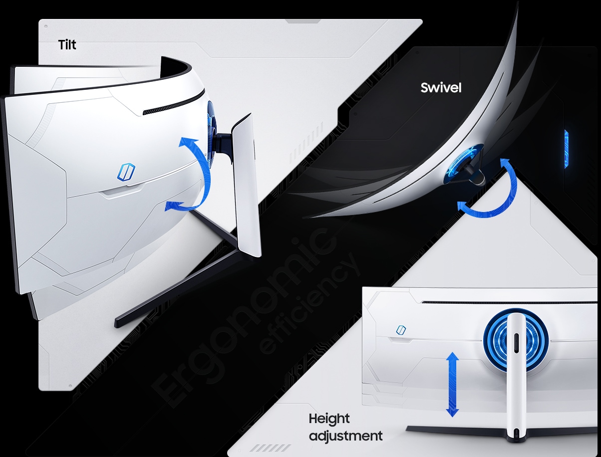 The backs of three G95NA monitors are shown to demonstrate the tilting, swiveling and height adjustment capabilities of the stand. Blue arrows are overlaid over the monitors to show the monitor's areas of motion that allows it to be positioned comfortably for the user. Above the monitors displays two icons, where ergonomic efficiency icon is highlighted with white on the left.