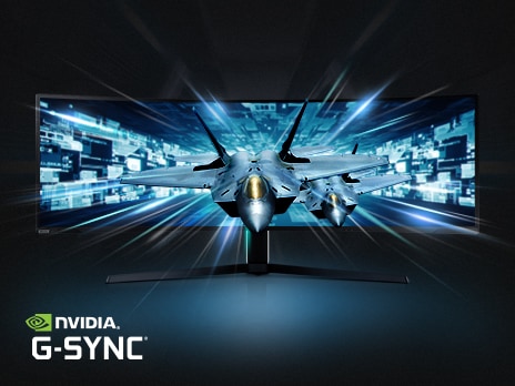 Auf dem Bildschirm des Monitors rasen zwei Düsenjäger mit Lichtstrahlen umher, die darauf hindeuten, dass sie extrem schnell unterwegs sind.  Und das NVIDIA G-Sync Logo erscheint in der unteren linken Ecke.