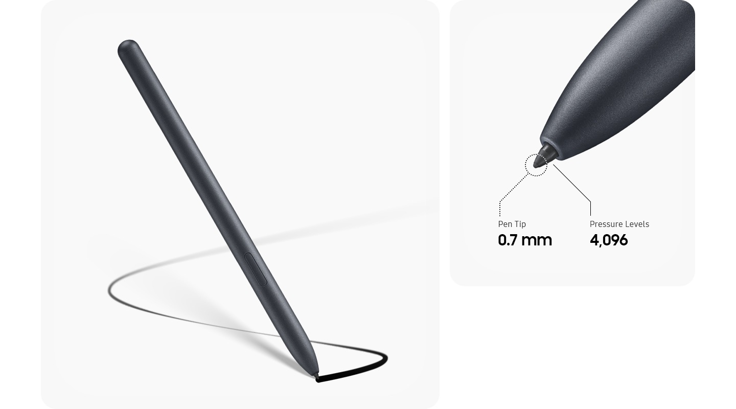 A black S Pen draws a line on a white surface. A closeup of the tip has 0.7mm thickness and 4,096 pressure levels.