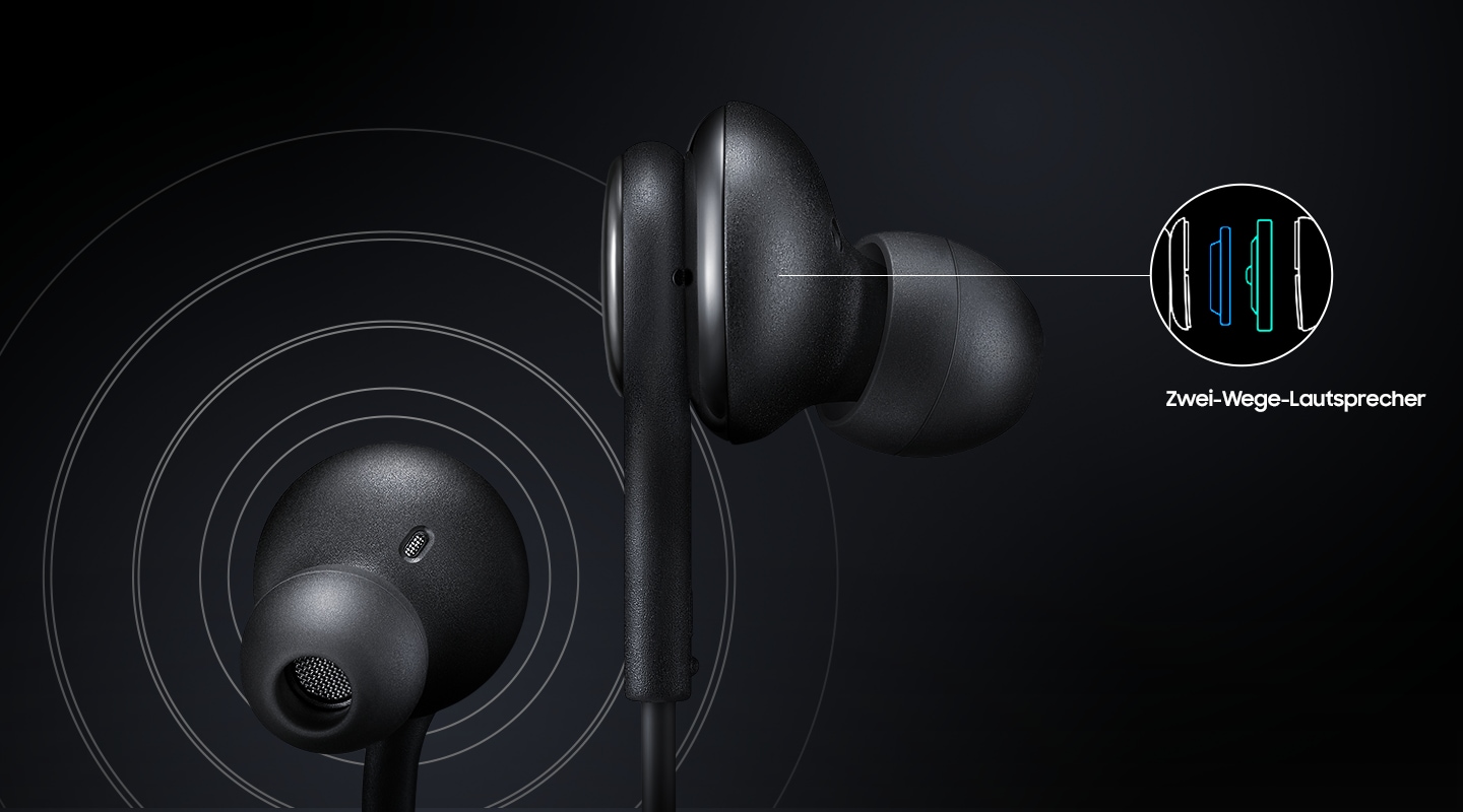 Zu sehen sind die Samsung 3,5 mm-Ohrhörer, von denen konzentrische Wellen vor einem schwarzen Hintergrund ausgehen. In der oberen rechten Ecke zeigt ein Diagramm den internen Aufbau der 2-Wege-Lautsprecher.