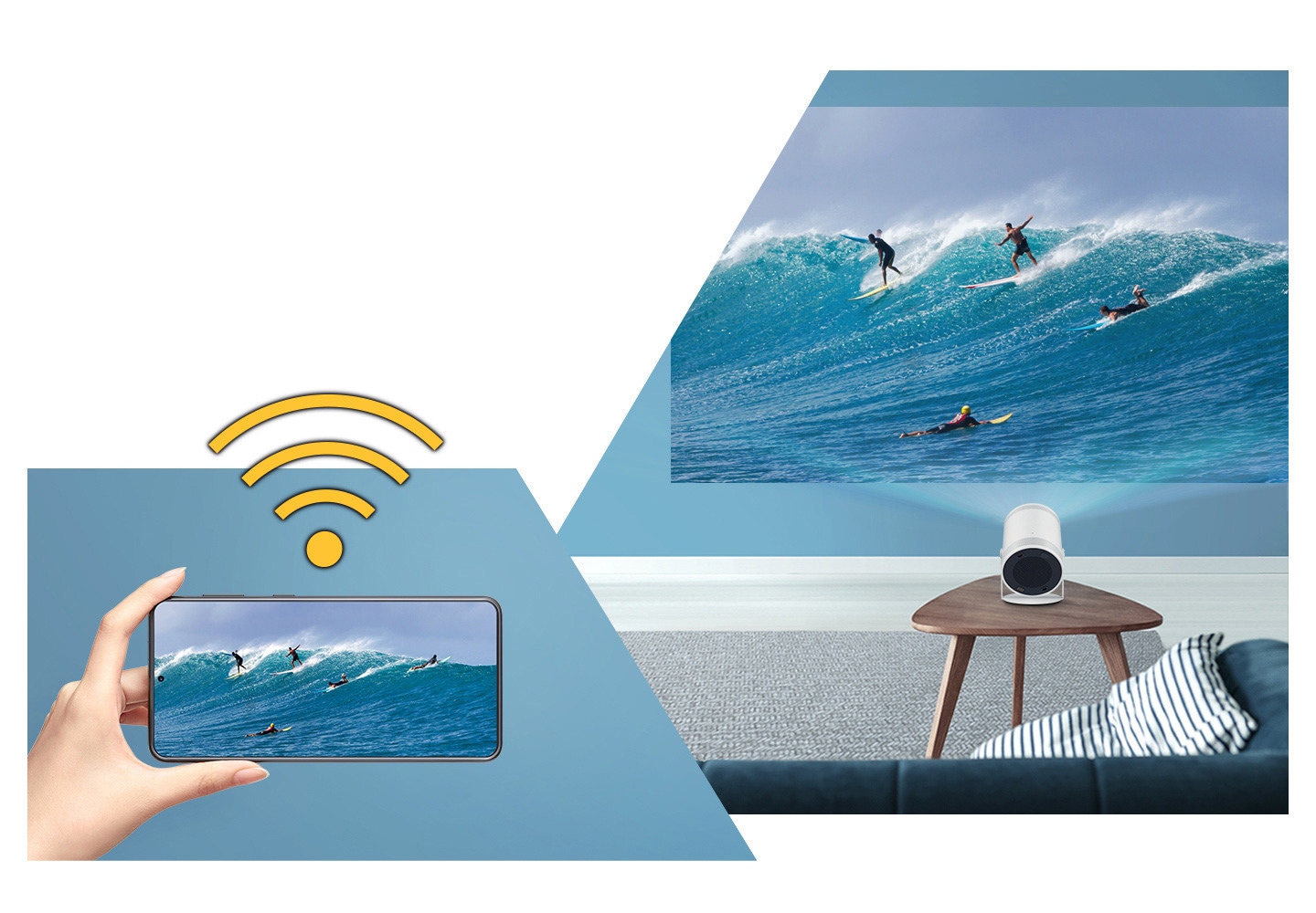 Wi-Fi-Zeichen über einer Hand, die ein mobiles Gerät hält. Ein Surfbild auf dem mobilen Gerät wird auf dem großen Bildschirm von The Freestyle gespiegelt.