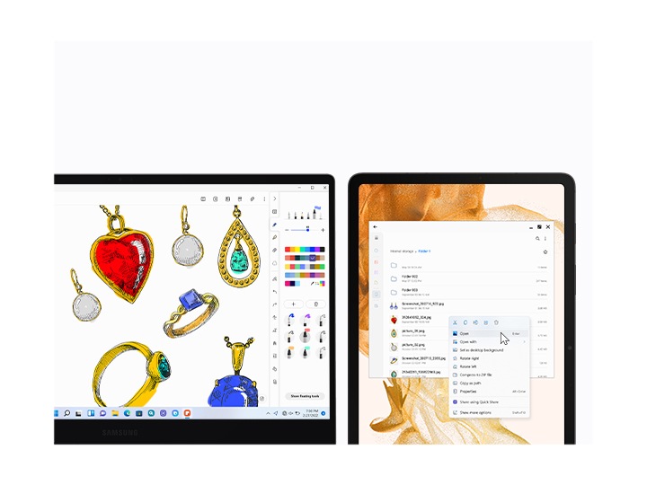 Galaxy Book2 Pro and Galaxy Tab S8 are next to each other. There are sketches of various jewelries on the PC using Samsung Notes app. On the tablet to its right, a list of image files is in a folder. A mouse cursor is on the Open button.