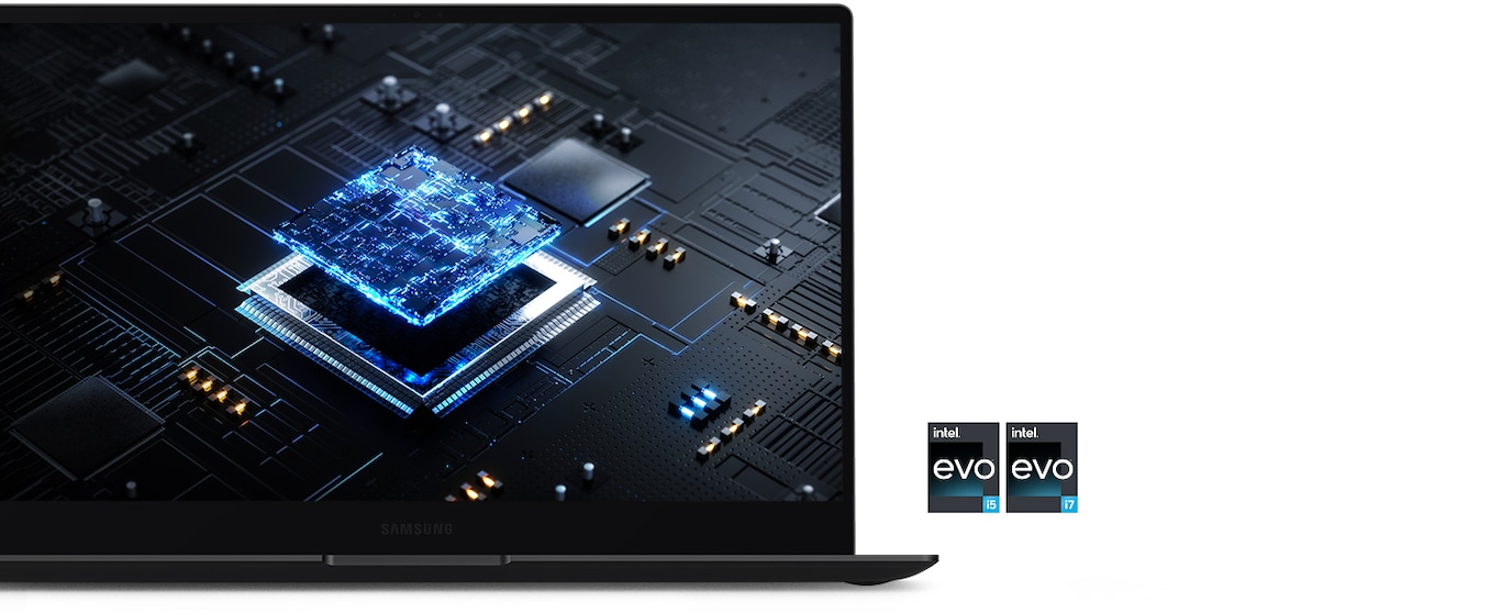 There is a graphite-colored Galaxy Book2 Pro facing the front. Onscreen is a chipset with lines spreading in all directions from it to represent the circuitry. Two certification logos for Intel® Evo™ powered by Core™ i5 and i7 processor each are placed near the PC.