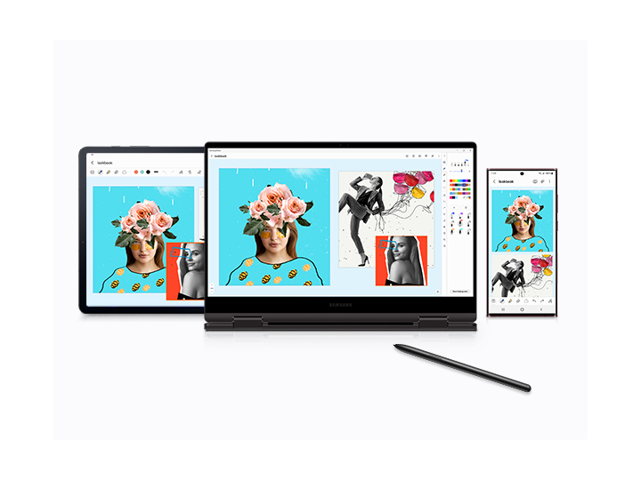 A Galaxy Book2 Pro 360 is in the center with a Galaxy Tab S8 to its left and a Galaxy S22 Ultra to its right. All three devices have Samsung Notes open with the same drawing. In the drawing, there is a woman with a flower crown, another woman in heels holding balloons, and a third woman smiling. Below the Galaxy Book2 Pro 360 is an S Pen.