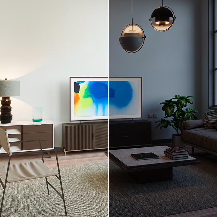 The frame to the left side of the screen shows a bright artwork to reflect the bright surrounding.  The frame to the right side of the screen shows the same artwork in dimmer light adjusted to fit the darker surrounding.