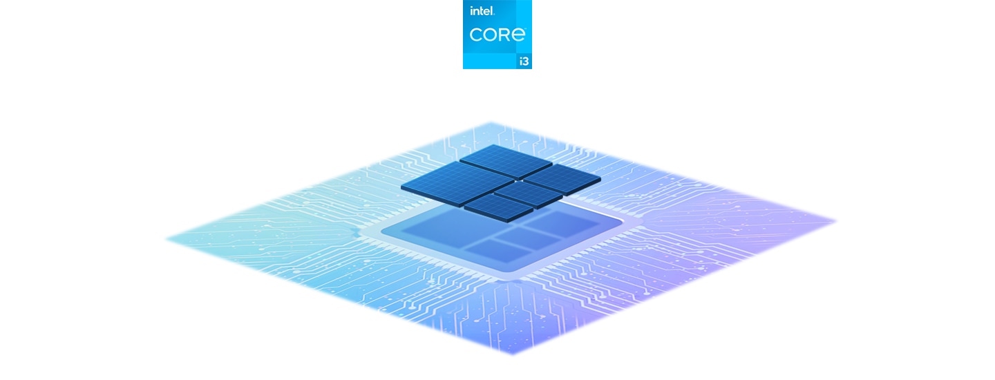 A blue-colored processor chipset hovers above a blue square with glowing lines to represent circuits that surround where the chipset goes. Above the chipset are three certification logos: From left to right, Intel® Core™ i3, i5, and i7 processors.