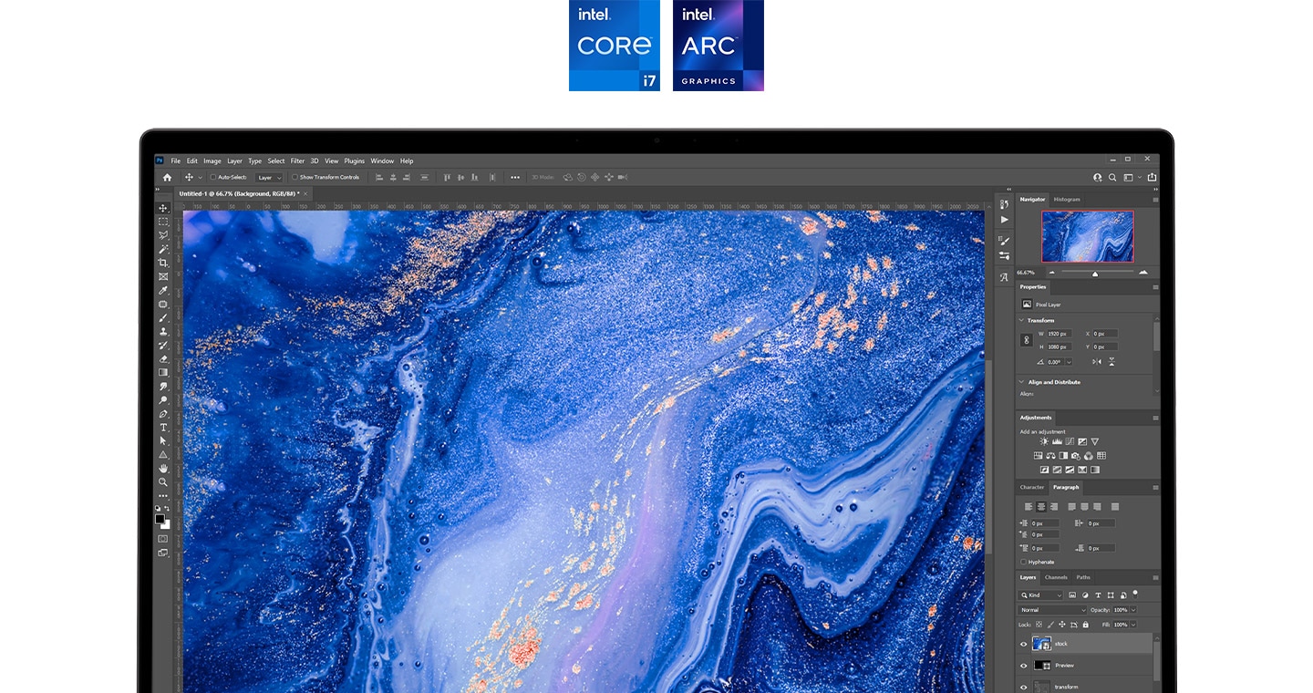 There is a Galaxy Book2 facing the front. Onscreen is a screen of Adobe Photoshop 2022 software with blue waves and bubbles. Above are three certification logos: From left to right, Intel® Core™ i5, i7 processors, and Intel® Arc™ Graphics.