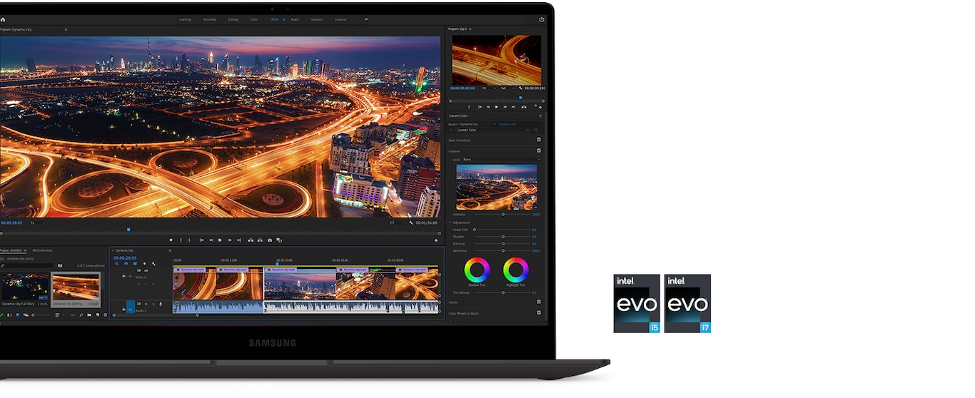 A Galaxy Book2 Pro 360 is facing the front with Adobe Premiere Pro 2022 open on screen. The software is editing a video with shots of a highway next to an urban city at night. To the right there are two certification logos for Intel® Evo™ powered by Core™ i5 and i7 processor each.