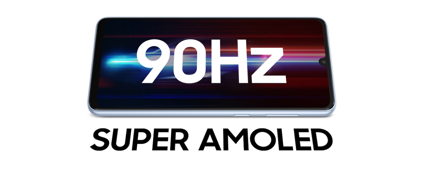 Das Galaxy A33 5G ist horizontal angeordnet und zeigt ein farbenfrohes Bild mit blauen und roten Farbtönen auf dem Bildschirm. Im Text wird 90HZ auf dem Bildschirm und SUPER AMOLED darunter angezeigt.