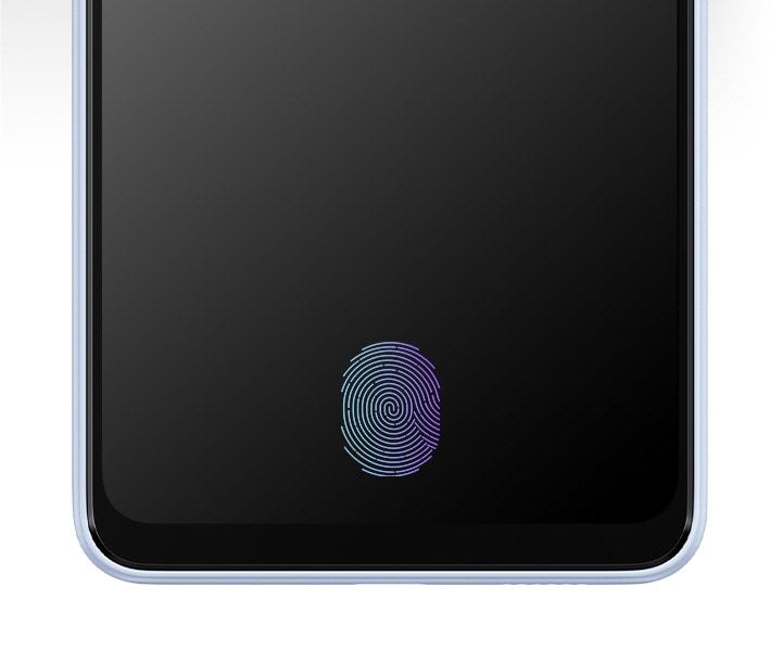 Galaxy A33 5G von der Vorderseite aus gesehen, mit nichts als dem Fingerabdrucksensor auf dem Bildschirm.