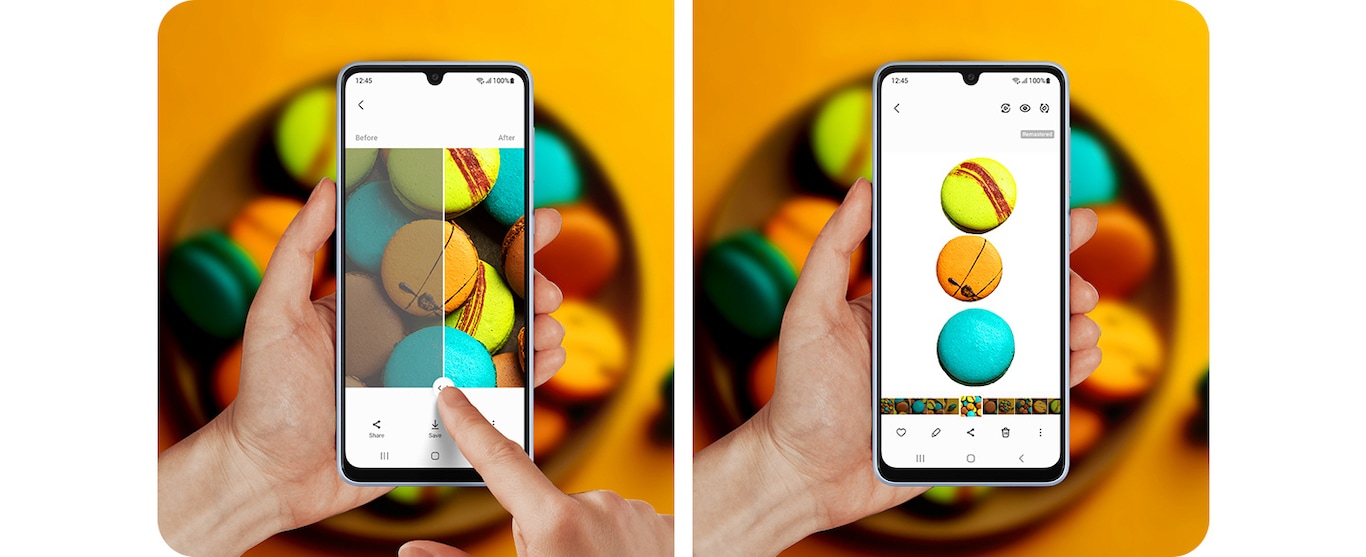 Eine Person verbessert die Farben eines Bildes einer Schale mit Macarons, das sie gerade aufgenommen hat. Das Galaxy A33 5G-Gerät zeigt die drei aufgenommenen Macarons, während der restliche Hintergrund auf Weiß eingestellt ist.