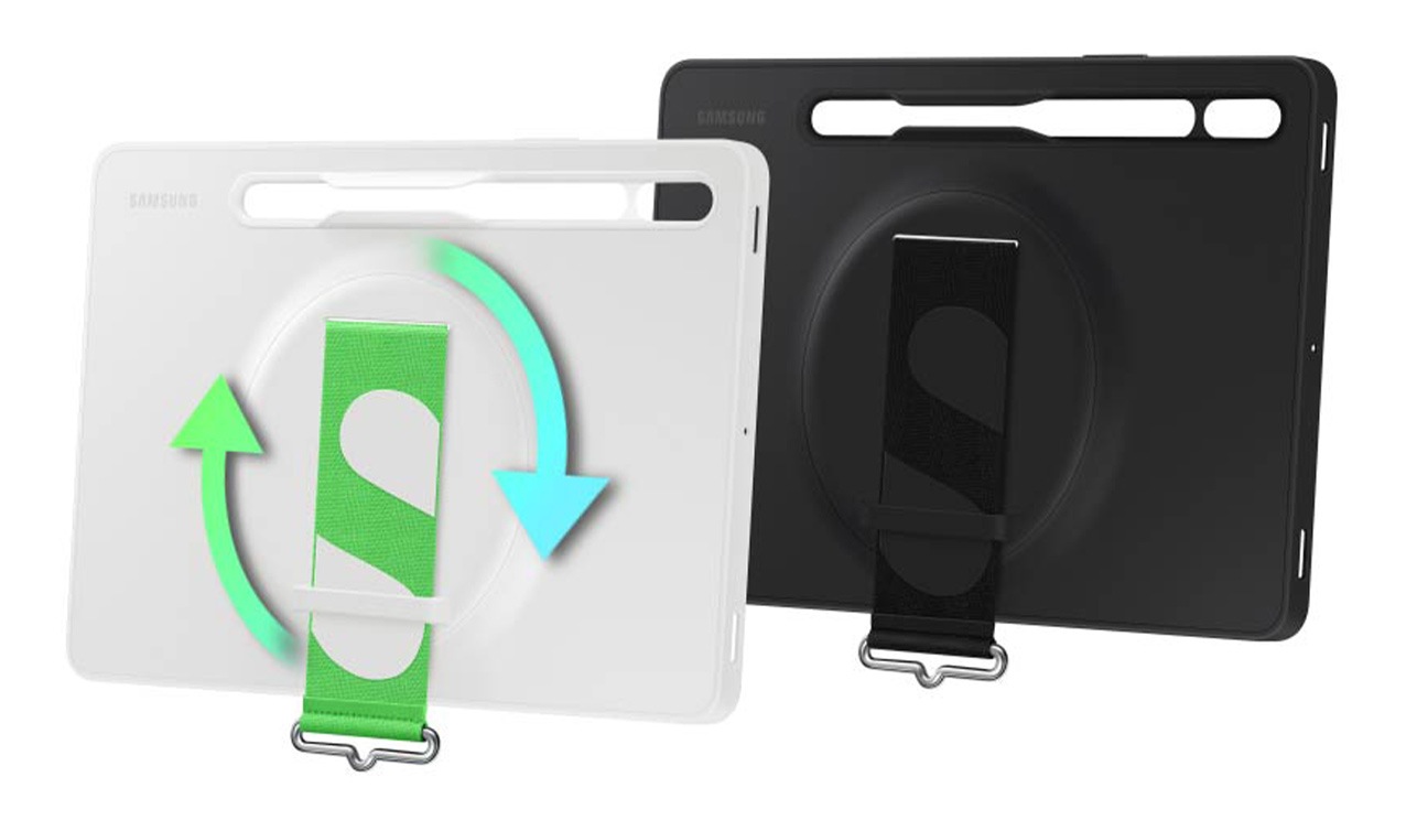A set of Tab S8 Strap Covers, one in white and the other in black, are placed side by side above a surface. Two open circle arrows pointing in a clockwise direction are shown around the swivel strap.