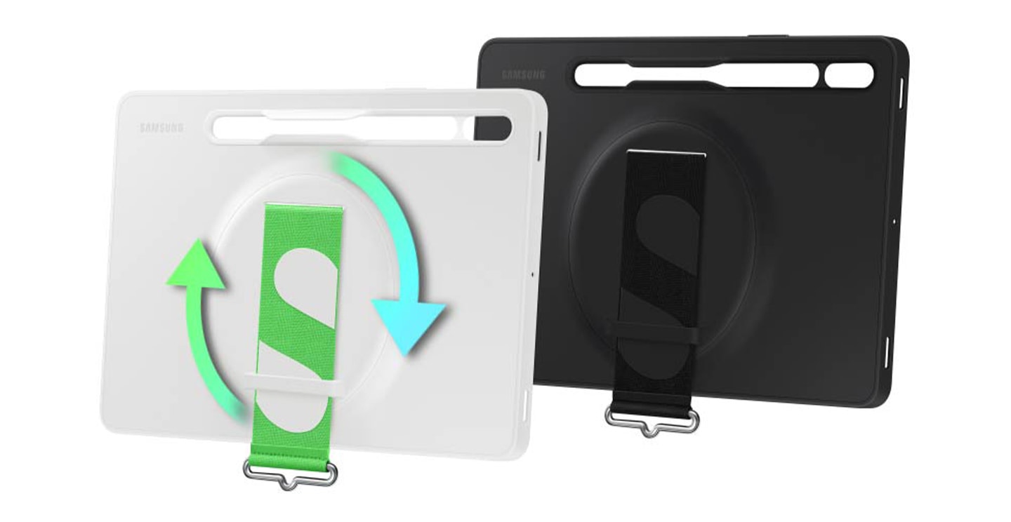 A set of Tab S8 Strap Covers, one in white and the other in black, are placed side by side above a surface. Two open circle arrows pointing in a clockwise direction are shown around the swivel strap.