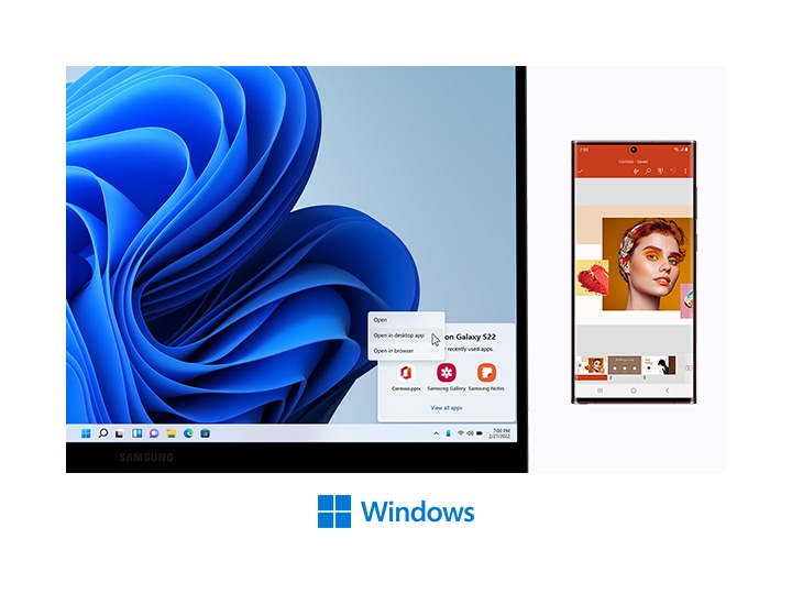 Ein Galaxy Book2 und ein Galaxy S22 Ultra stehen nebeneinander. Auf dem PC-Bildschirm ist ein blaues, gewelltes Hintergrundbild zu sehen, und in der unteren rechten Ecke wird ein Fenster mit den zuletzt verwendeten Apps angezeigt. Die letzten Apps sind PowerPoint, Samsung Gallery und Samsung Notes. Auf dem PC-Bildschirm befindet sich ein Mauszeiger auf der Schaltfläche In Desktop-App öffnen. Auf dem Galaxy S22 Ultra auf der rechten Seite ist Microsoft PowerPoint mit einer Folie geöffnet, die Farbmuster sowie das Gesicht einer Frau mit buntem Make-up zeigt. Darunter befindet sich ein Microsoft Windows-Logo.