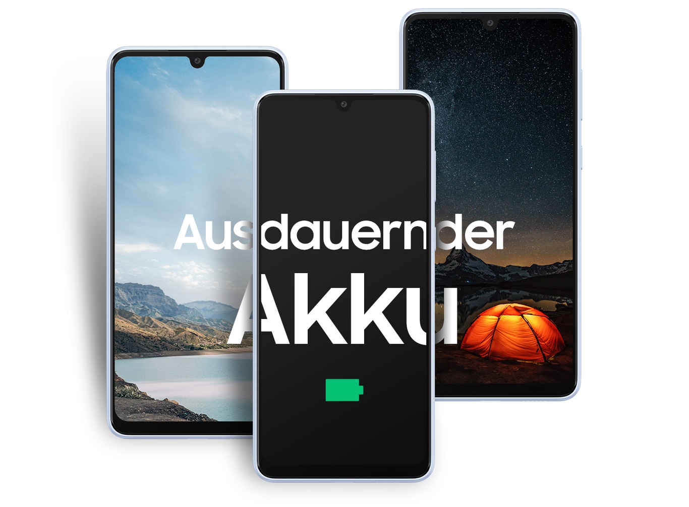 " Drei Galaxy A33 5G-Geräte, wobei das linke ein Landschaftsbild bei Tageslicht, das mittlere einen dunklen Bildschirm mit einem Symbol für einen voll aufgeladenen Akku und das rechte ein Campingbild bei Nacht zeigt. Der Text lautet 2 Tage Akku."