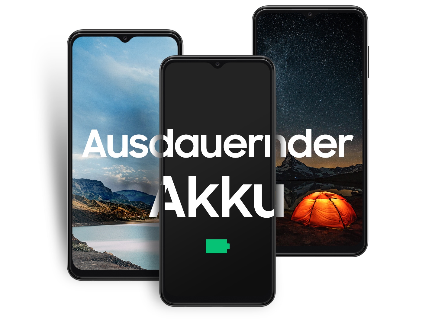 The Galaxy A13 is placed between two landscape images, with the left showing the scenery of the coast during the day and the right showing the scenery of tents and mountains at night. Text reads 2 Days Battery.