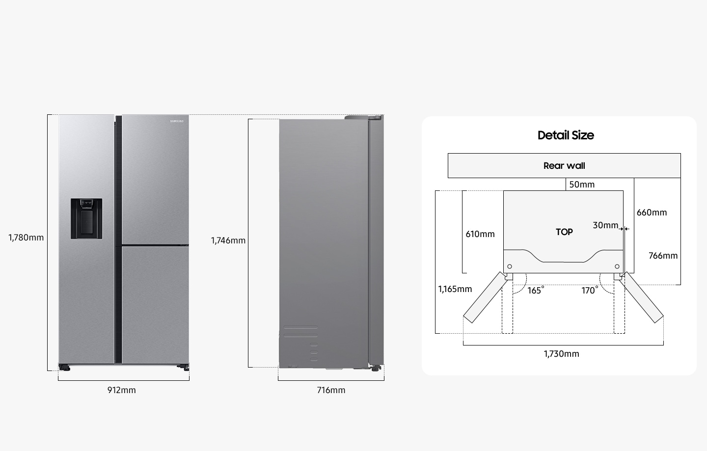 Il frigorifero ha un'altezza di 1.780 mm compresa la porta, 912 mm di larghezza, 716 mm di profondità e 1.746 mm di altezza esclusa la porta dal retro. Durante l'installazione, il frigorifero deve trovarsi ad almeno 50 mm di distanza dalla parete posteriore. La profondità, compreso lo spazio tra il frigorifero e la parete posteriore e il corpo del frigorifero, è di 660 mm e la profondità, compreso lo spazio tra il frigorifero e la parete posteriore e il corpo del frigorifero e la porta del frigorifero, è di 766 mm. La profondità del frigorifero installato esclusa la porta chiusa è di 610 mm e la profondità del frigorifero installato, inclusa la porta aperta a 90 gradi, è di 1.165 mm e anche la porta del frigorifero sporge di 30 mm dal corpo del frigorifero. La porta destra si apre a 165 gradi e la porta sinistra si apre a 170 gradi. La larghezza quando entrambe le porte sono completamente aperte è di 1.730 mm.