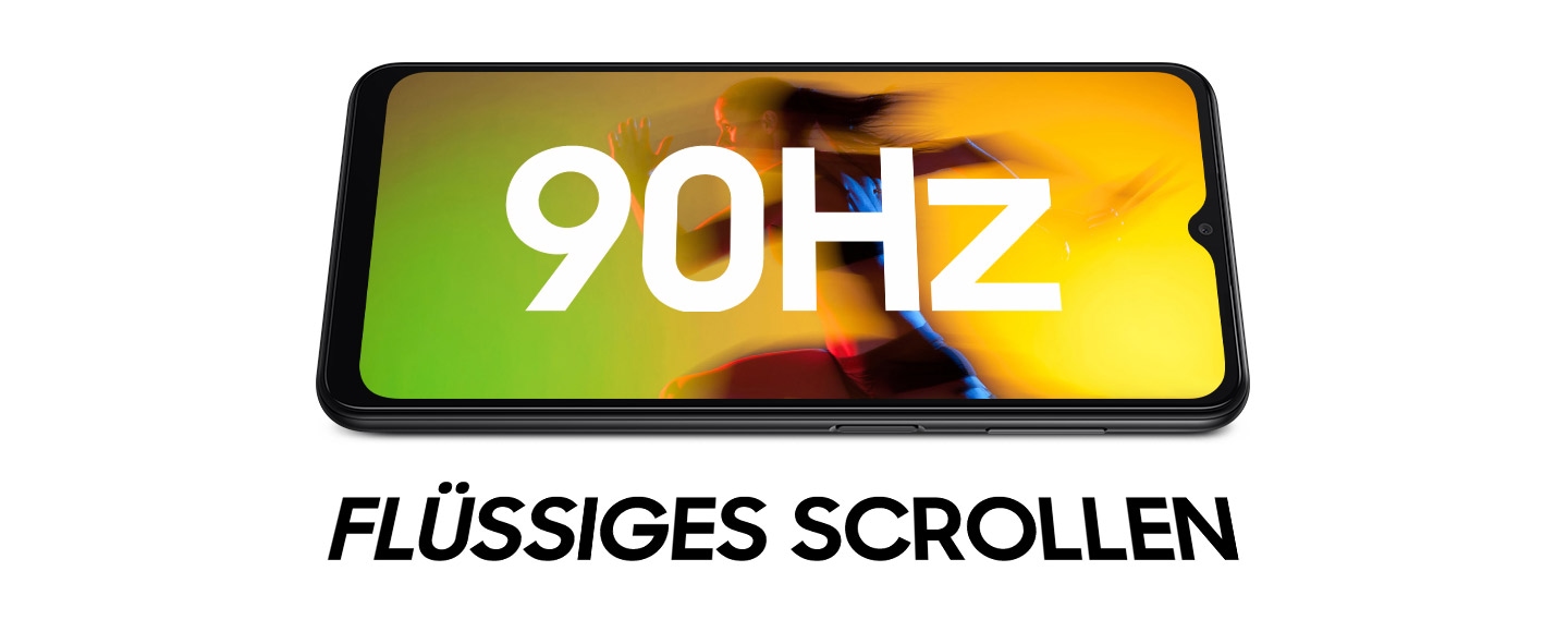 Das Galaxy A13 5G ist horizontal mit einem bunten Bild von grünen und gelben Farbtönen auf dem Bildschirm angezeigt gelegt. Im Text wird 90HZ auf dem Bildschirm angezeigt und darunter REAL SMOOTH.
