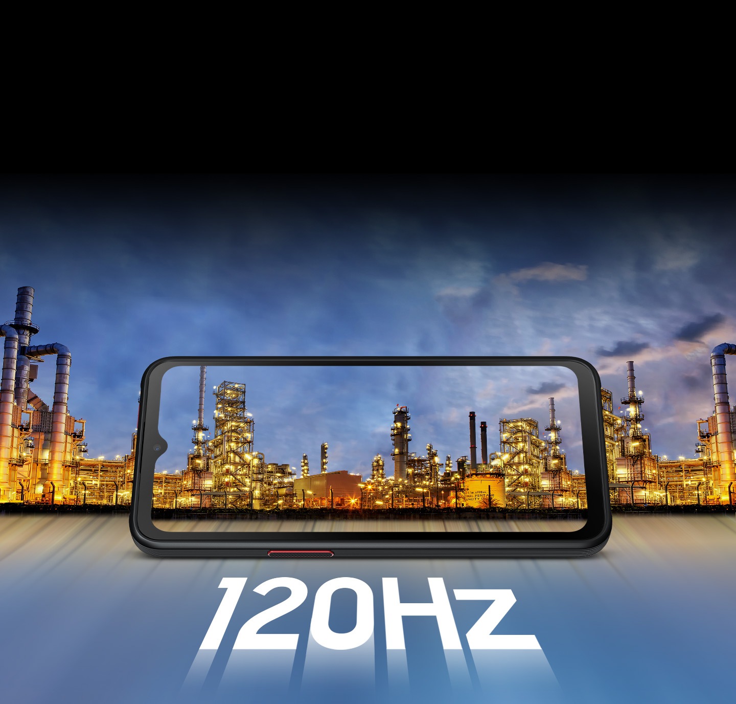 Auf dem Bildschirm des Galaxy XCover6 Pro wird ein wunderschönes Stadtbild gezeigt, das sich auch außerhalb des Bildschirms ausbreitet. Unter dem Gerät wird in großer Schrift 120 Hz angezeigt.