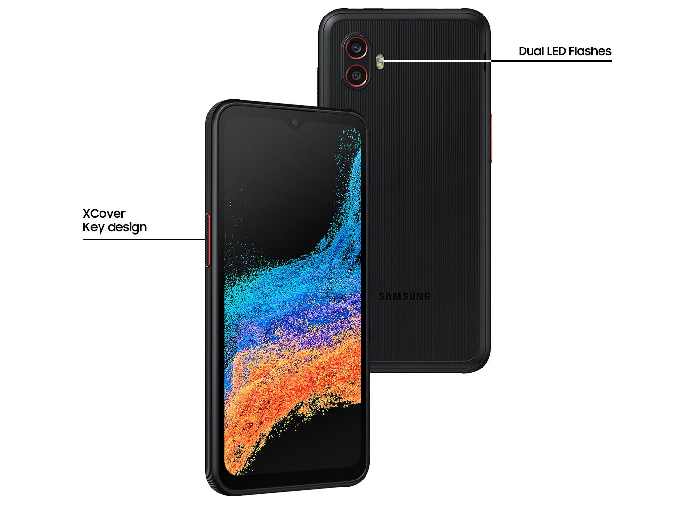 Zwei Galaxy XCover6 Pro in Schwarz stehen leicht überlappend nebeneinander. Das gekippte Modell mit der orangefarbenen Liniengrafik auf dem Bildschirm befindet sich auf der linken Seite und zeigt das XCover Key Design. Die andere Rückansicht des Galaxy XCover6 Pro zeigt zwei LED-Blitzlichter.