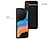 Zwei Galaxy XCover6 Pro in Schwarz stehen leicht überlappend nebeneinander. Das gekippte Modell mit der orangefarbenen Liniengrafik auf dem Bildschirm befindet sich auf der linken Seite und zeigt das Design der XCover Taste. Die andere Rückansicht des Galaxy XCover6 Pro zeigt zwei LED-Blitzlichter.