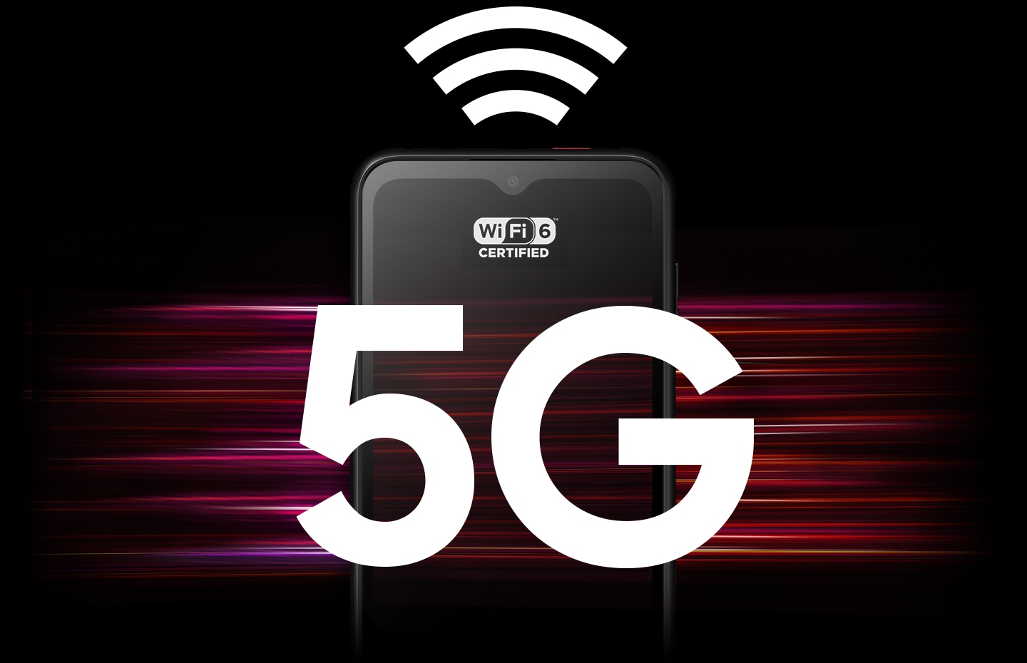 Ein Galaxy XCover6 Pro mit dem WiFi 6-Logo auf dem Bildschirm, mit einem großen WiFi-Logo über dem Gerät und 5G in großer Schrift über dem Gerät.