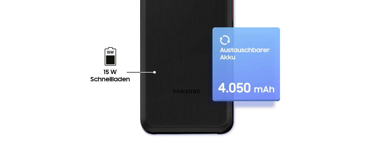 Die untere Rückseite des Galaxy XCover6 Pro ist mit einem Batteriesymbol und dem Text 15W Fast Charging abgebildet. Rechts daneben steht austauschbarer Akku, 4.050 mAh.