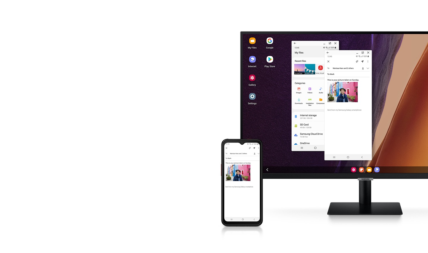 Ein Galaxy XCover6 Pro und ein externes Display zeigen, dass die beiden Geräte synchronisiert sind und für Multitasking mit DeX genutzt werden.