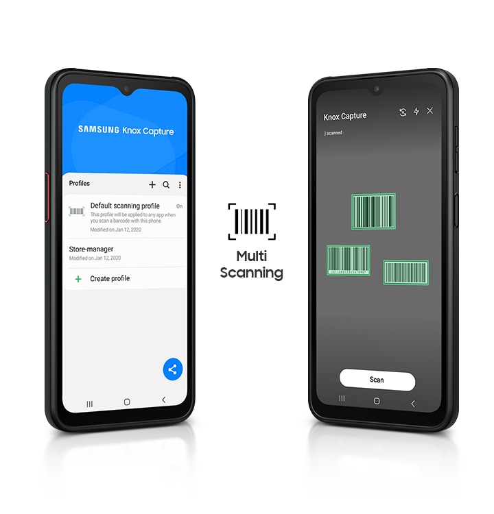 Zwei Galaxy Xcover 6 Pro zeigen zwei verschiedene Bildschirme, die bei Verwendung von Knox Capture angezeigt werden, einschließlich Barcodes und Scanprofile. Zwischen den Geräten befindet sich ein Barcode-Symbol mit dem Schriftzug Multi Scanning darunter.