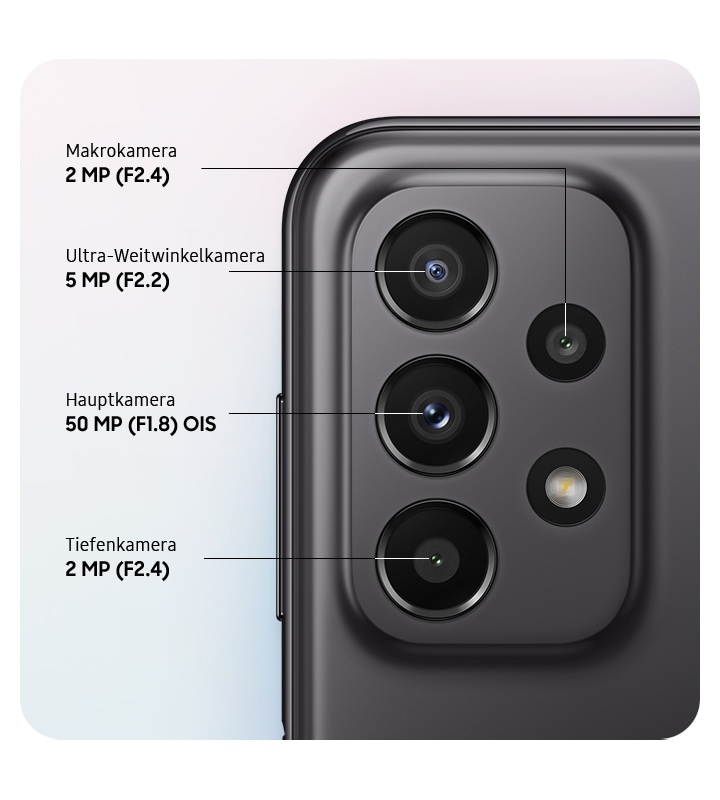 Eine Nahaufnahme der Quad-Kamera auf der Rückseite des Galaxy A23 5G: F1.8 50 MP Hauptkamera, F2.2 5 MP Ultra-Weitwinkelkamera, F2.4 2 MP Tiefenkamera und F2.4 2 MP Makrokamera. 