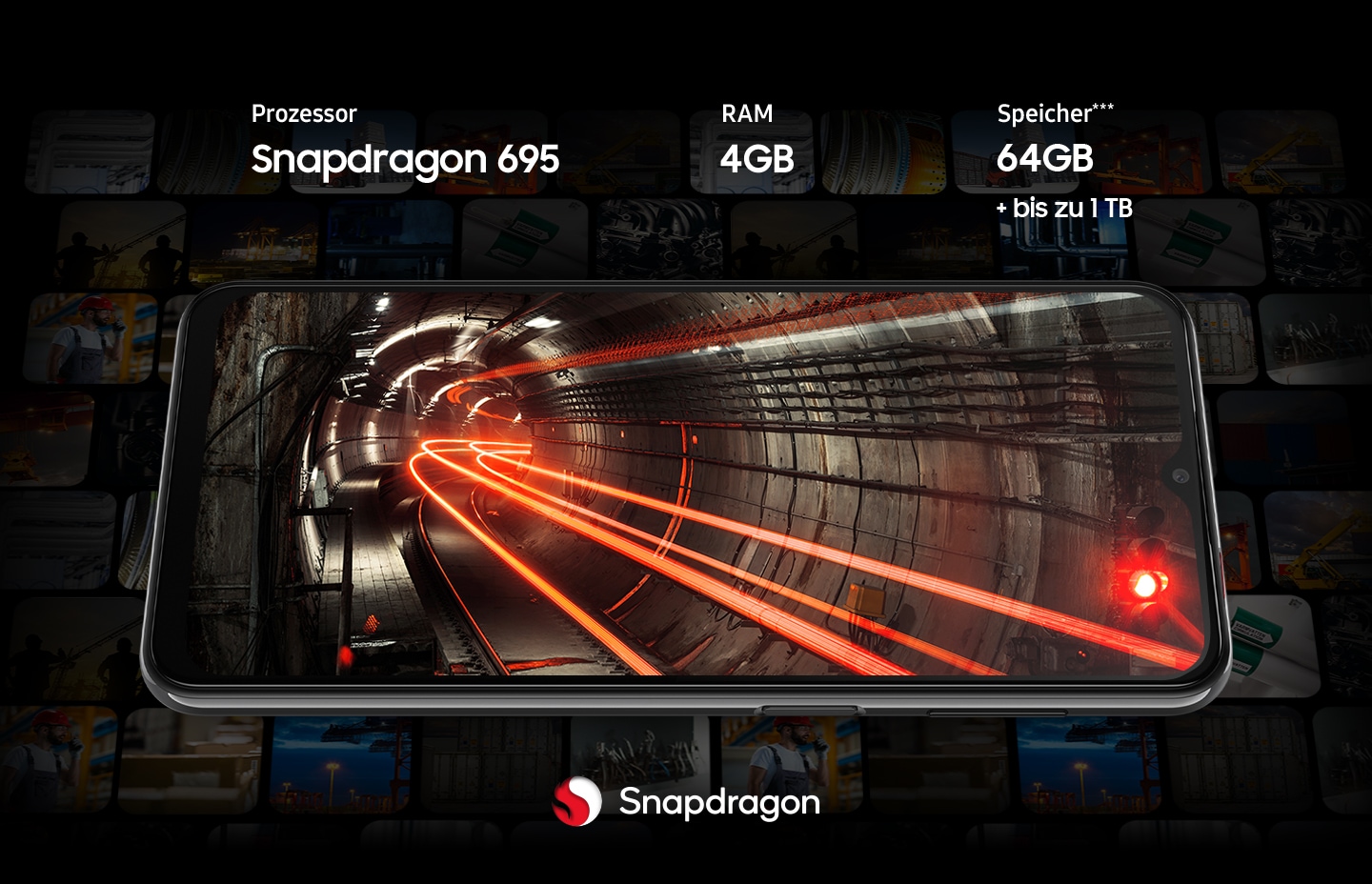 Ein Galaxy A23 5G zeigt auf seinem Display einen Tunnel, der von roten Lichtern durchzogen ist. Um das Smartphone herum sind verblasste Vorschaubilder verschiedener Inhalte zu sehen. Das Gerät verfügt über einen Snapdragon 695-Prozessor.