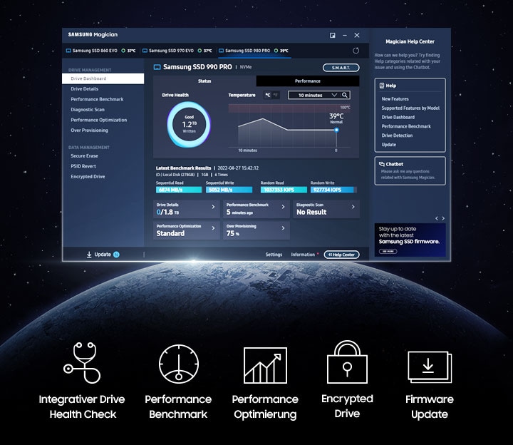 Magician software provides a toolkit to manage the 990 PRO for bestperformance. This toolkit supports Integrative Drive health checks,performance benchmarks and optimizations, and encrypted drive andfirmware updates.