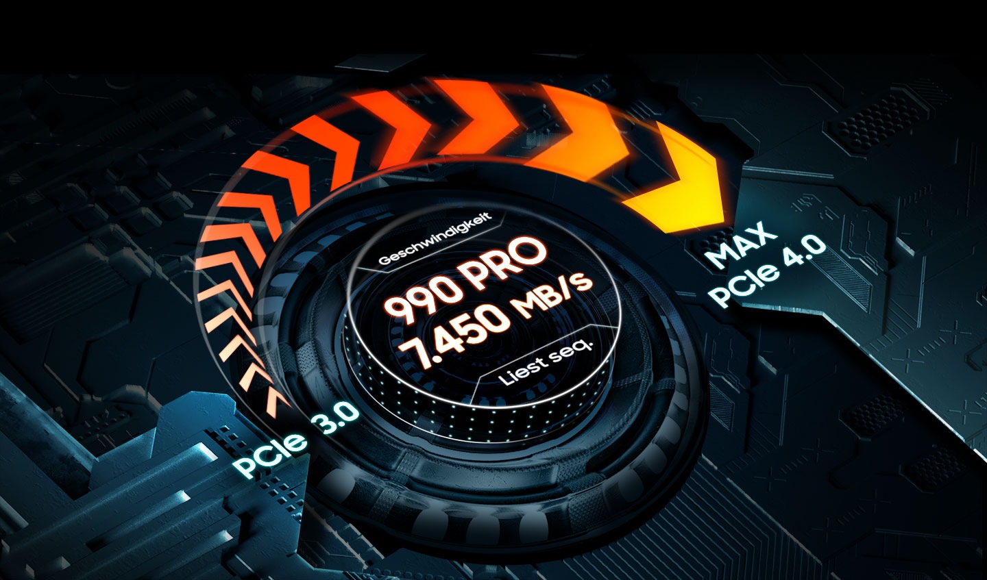 The 990 PRO speed to reaches near max PCIe 4.0 performance overthe PCIe 3.0. with a sequential read speed of 7450 MB/s.