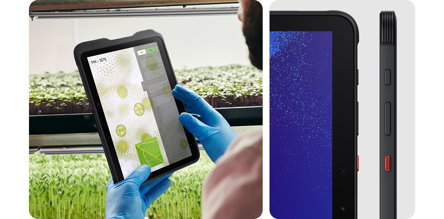 Arbeiter mit Handschuhen beim Anzeigen von Betriebsdaten auf dem Galaxy Tab Active4 Pro. Die Nahaufnahme des Geräts zeigt die Active-Taste und die seitlichen Tasten.