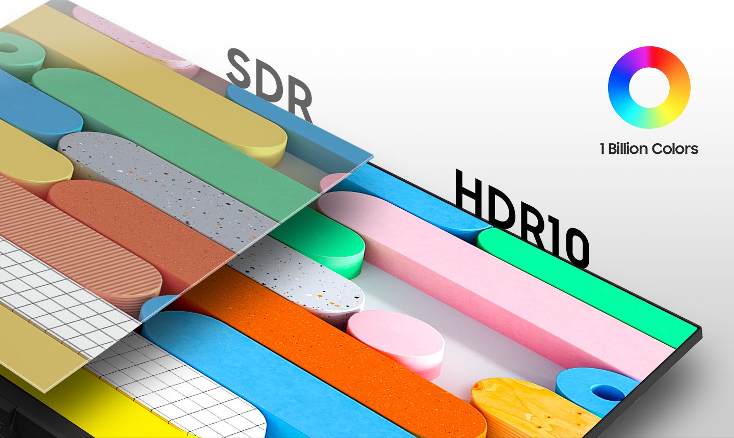 Vergleich zwischen dem SDR-Bildschirm auf der linken Seite und dem HDR10-Bildschirm auf der rechten Seite. Oben rechts befindet sich das Symbol für 1 Milliarde Farben.