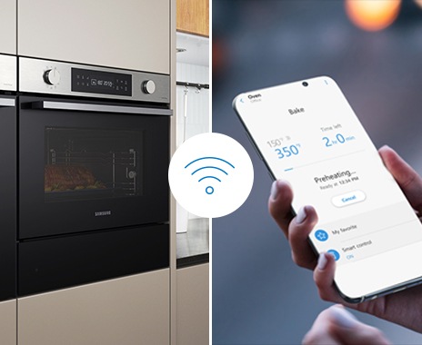 Shows a person using the SmartThings smartphone app to check and control the settings of the oven, including the oven temperature and remaining cooking time, with its Wi-Fi connectivity.