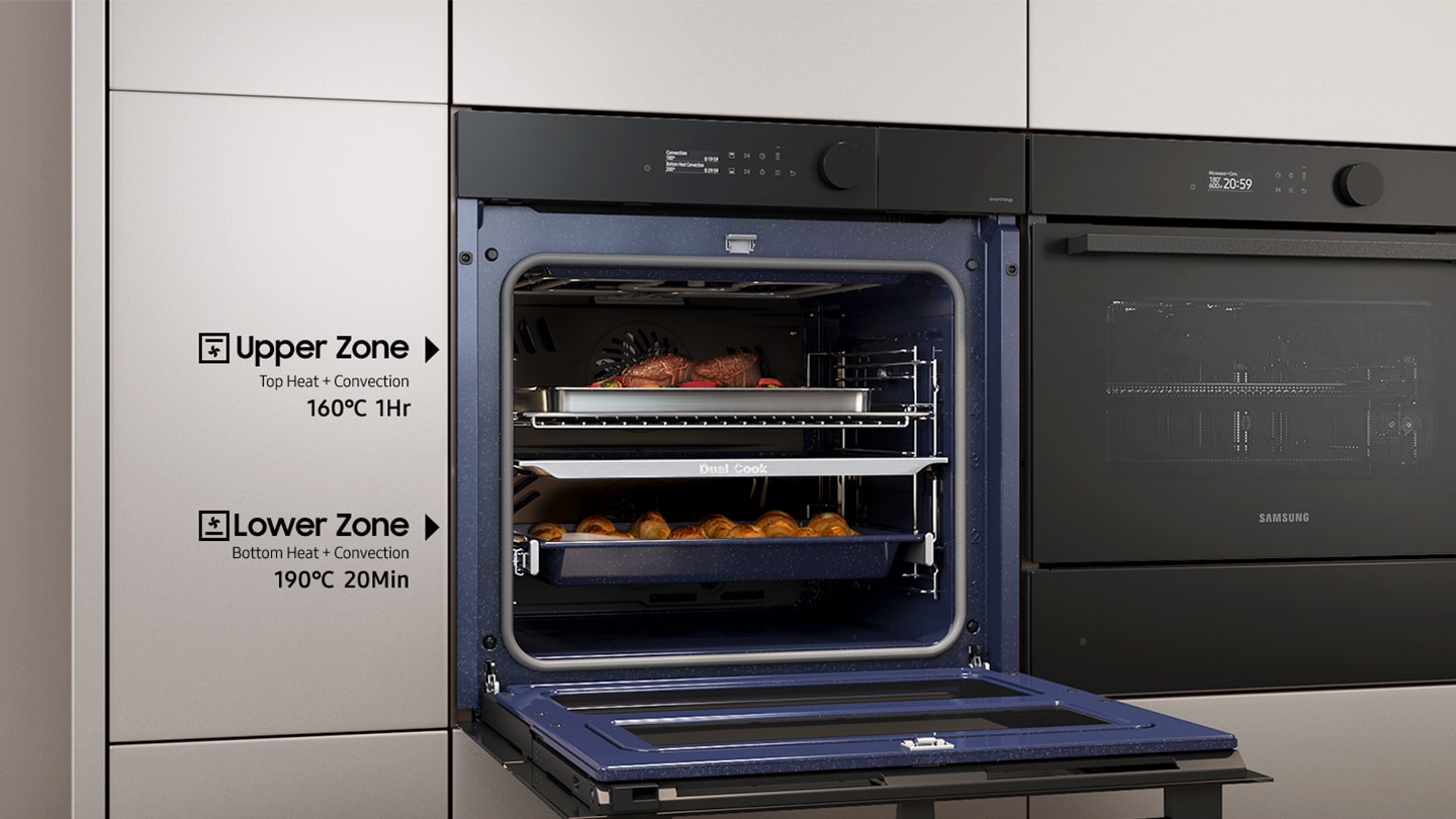 Afișează zonele superioare și inferioare ale sistemului Dual Cook Flex fiind utilizate independent pentru a găti diferite feluri de mâncare în același timp, cu diferite setări: zona superioară folosind căldură superioară + convecție timp de 1 oră la 160°C și zona inferioară folosind căldura inferioară + convecție timp de 20 de minute la 190°C.