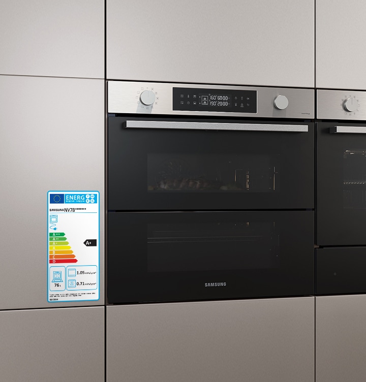 Shows the oven in the kitchen with a label highlighting its A+ energy efficiency rating. It also shows that it has a 76 liter capacity and consumes 1.05 kWh/cycle as a conventional oven and 0.71 kWh/cycle using forced air convection.