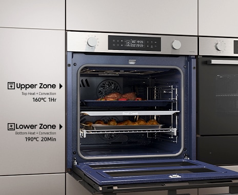 Afișează zonele superioare și inferioare care sunt utilizate independent pentru a găti diferite feluri de mâncare în același timp, folosind diferite setări.