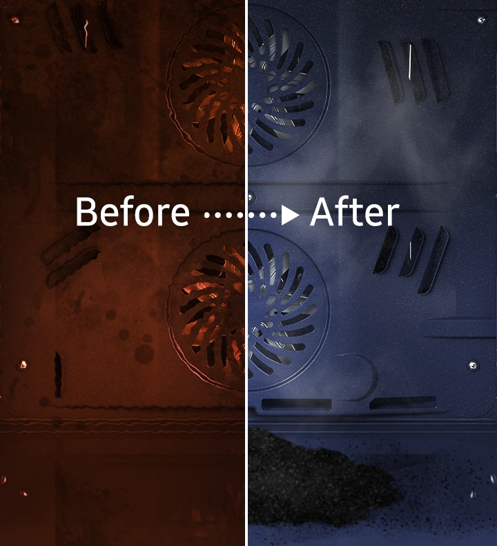 Afișează interiorul cuptorului „„înainte””” și „„după”” curățare folosind sistemul de curățare pirolitică.